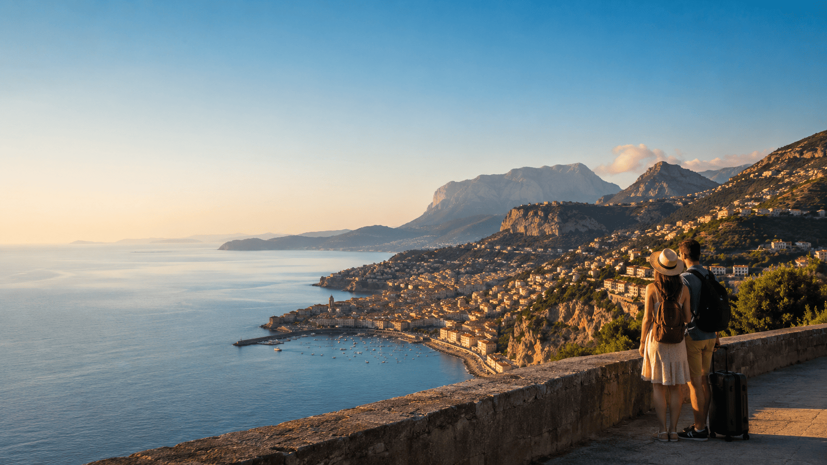 Two travellers looking across a mountain landscape towards the coast